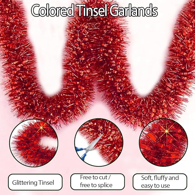 33Ft Christmas Tinsel Garland Shiny Thick Tinsel Xmas Tree Decorations Metallic Twist Foil Red Garland for New Year Parties Valentines Day Easter Parade Floats Indoor Outdoor Supplies - Red