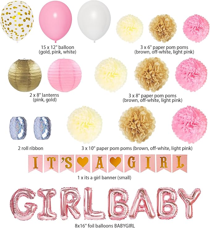 Ouddy Party Pink Baby Shower Decorations for Girls with Its a Girl Banner, Baby Girl Letter Pink Gold Confetti Balloons Paper Pom Poms for Baby Shower Gender Reveal Party Supplies