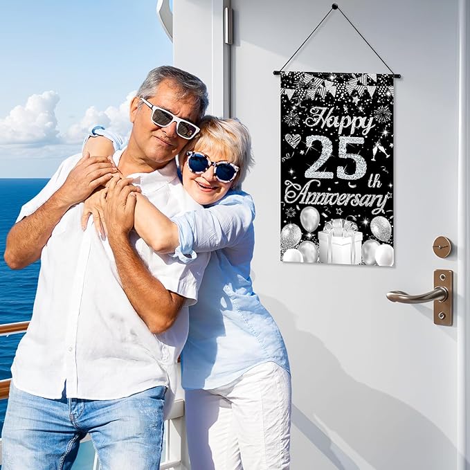 Happy Anniversary Decorations Small Banner Black Silver Happy 25th Anniversary Cruise Door Hanging Banner Porch Front Door Decor for Women Men 25 Years Silver Wedding Anniversaries Party Sign Supplies