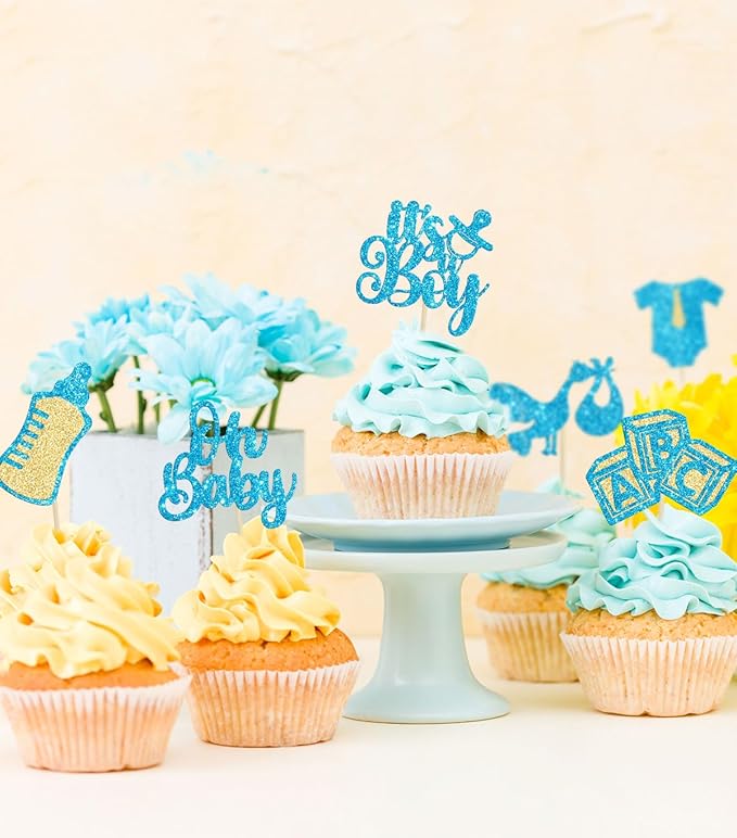 Gyufise 24Pcs Baby Shower Oh Baby Cupcake Toppers It's a Boy Cupcake Picks Glitter Tie Onesie Baby Bottle Cake Picks Decorations for Gender Reveal Baby Shower Boys Birthday Party Supplies Blue