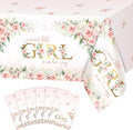 Avezano 6 pcs Girl Baby Shower Tablecloth 108x54 inch Pink Floral Baby Shower Party Tablecovers Disposable A Sweet Little Girl is on Her Way Table Cloth Plastic