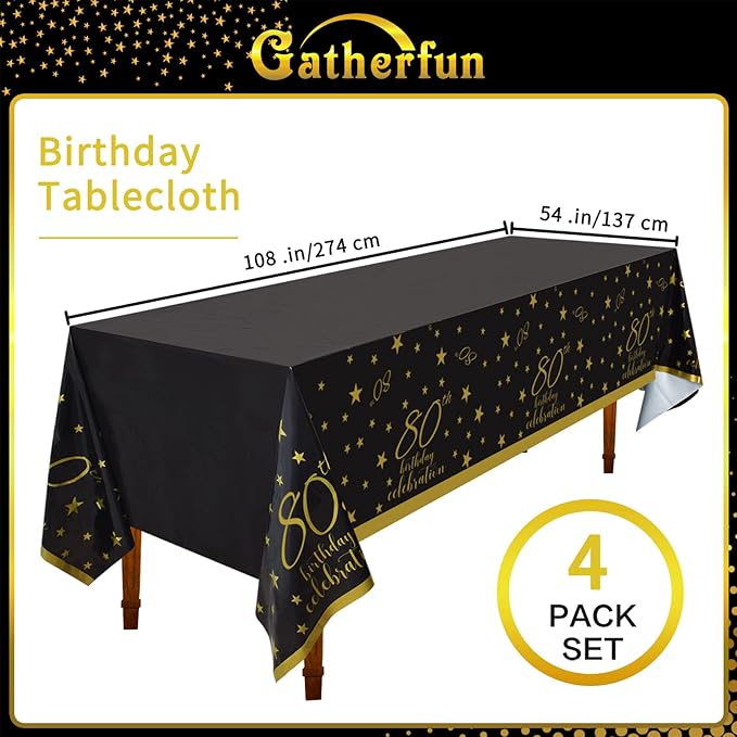 Gatherfun 80th Birthday Disposable Tablecloth 4 Pack Gold and Black Waterproof Plastic Table Cover for Men Woman 80 Birthday Party Decorations
