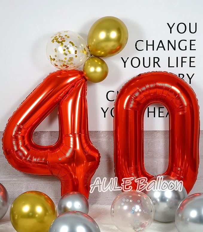 AULE 40 Inch Big Red Foil 40 Number Balloons for Women Large 40th Happy Birthday Decorations Giant Huge Helium Mylar 40rh Anniversary Party Decor