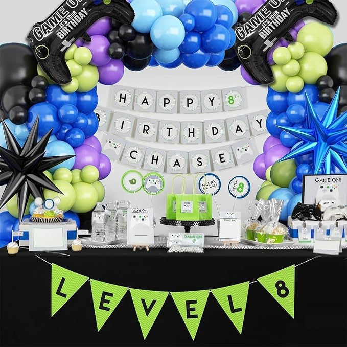 Video Game Balloon Arch Garland Kit, Blue Purple Green Black Party Balloons with 2 pcs Game Handle Foil Balloons for Video Game Theme Birthday Party Boys Game Night Decor