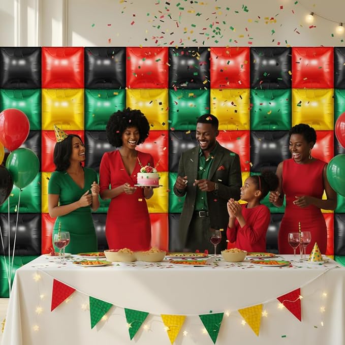 50 Pcs Juneteenth Party Decoration 19'' Double Sided Square Foil Balloons in Red Green Gold Black Juneteenth Backdrop 1865 Freedom Day Supplies African American Celebration Wall Backdrop