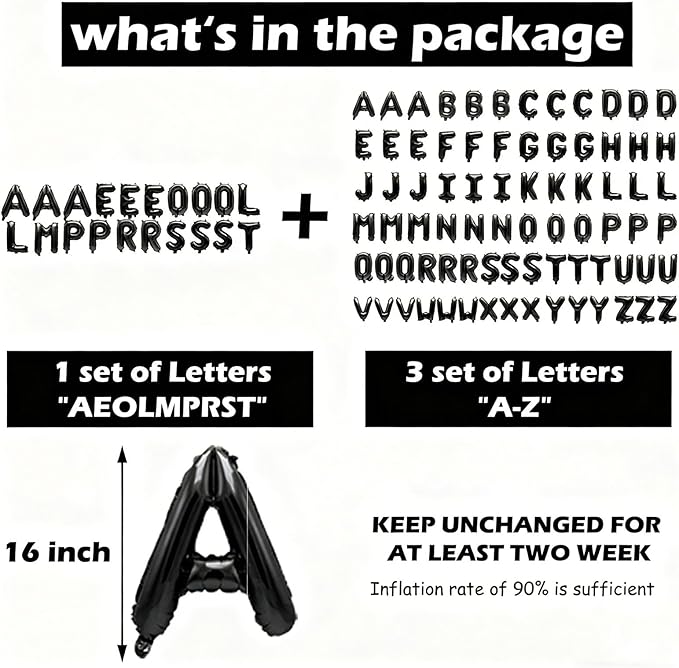 98 Pcs Black Letter Balloons, Custom 3 Set A-Z Set for Personalizing Names & Phrases Party Supplies Banners - with 1 Set AEOLMPRST 20Pcs for Wedding/Birthdays/Annivs/Grads Party Banner Custom Phrase