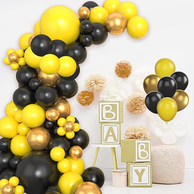 Paready Black and Yellow Balloon Arch Kit, 113Pcs Yellow Black Balloon Garland Kit Gold Party Balloons Metallic Gold Latex Balloons for Birthday Bee Theme Party Baby Shower Wedding