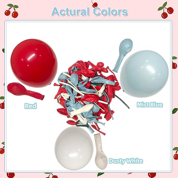 CROSSFINGERS Cherry Red and Blue Balloon Garland Arch Kit,150pcs Bow Light Mist Blue Red White Balloons Arch Kit for Cherry Birthday Baby Shower Wedding Galentine's Bridal Shower Party Decorations