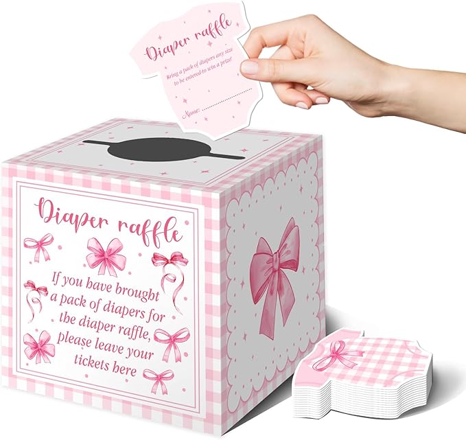Pink Bow Baby Shower Decorations, Pink Bow Diaper Raffle Box for Baby Shower with 50PCS Cards Kids' Party Centerpieces, Baby Shower Game for Girl Baby Shower Decorations for Girl