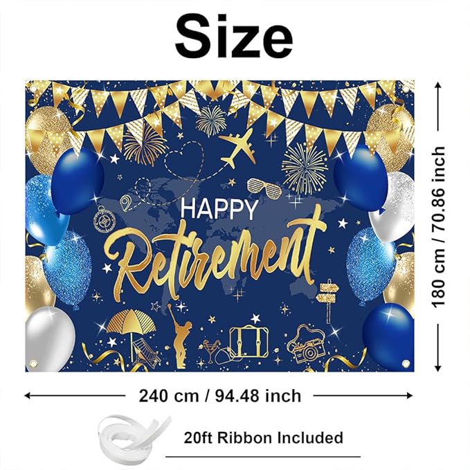Mocsicka Happy Retirement Backdrop Pink Rose Gold Balloons Women Happy Retirement Banner Party Decorations Photo Booth Props (Blue Gold, 8x6ft)