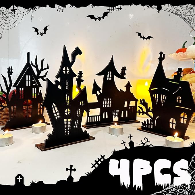 Halloween Decorations Indoor - 4 Pcs Halloween Table Decor Haunted House Black Wooden Sign Silhouette Sketch Ghost House Tabletop Centerpiece for Party Home Decorations