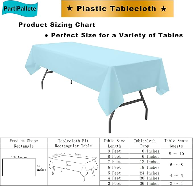 3-Pack Premium Plastic Light Sky Blue Tablecloth Disposable 54" x 108" Rectangle Table Cover Party Baby Pale Blue Table Cloths for Parties Birthdays Weddings Baby Shower Picnic Events