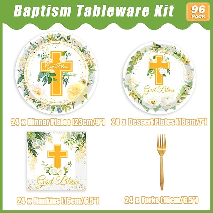 96 Pcs God Bless Plates and Napkins, Baptism First Holy Communion Party Decorations Supplies Mi Bautizo Eucalyptus Leaves Sage Tableware Set for Christening Celebration Baby Shower, Serves 24