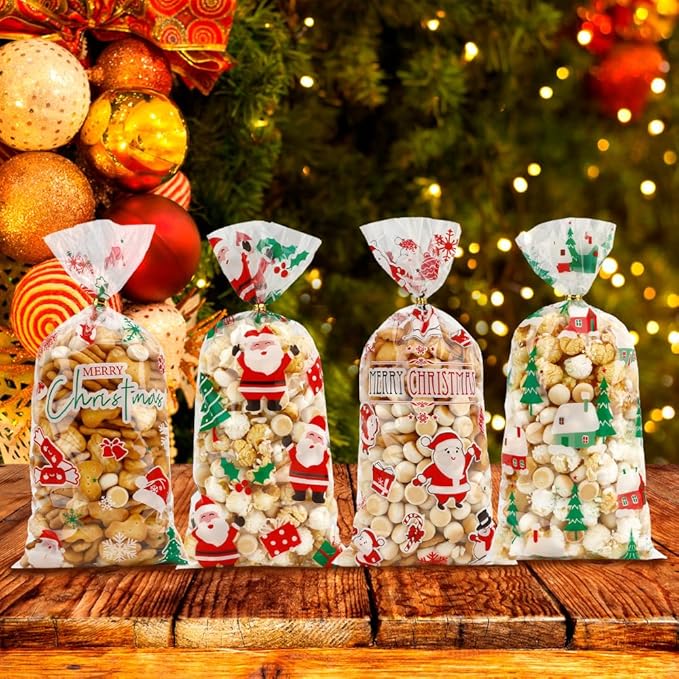 eowqeiur 100 PCS Christmas Cellophane Treat Bags(5x11 Inch) with Ties Plastic Santa Goodie Candy Cookie Loot Gifts Bags Bulk Pouches for Christmas Party Favors Supplies Decorations Holiday Xmas Decor