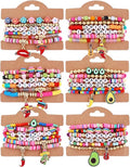 Cooluckday 36 Pcs Holiday Heishi Surfer Bracelets for Women Bulk Easter Mother's Day Christmas St. Patrick's Day Mardi Gras Bracelet Stackable Stretch Friendship Bracelets Set