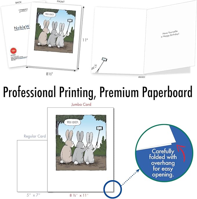NobleWorks - 1 Big Funny Birthday Card Cartoon (8.5 x 11 Inch) - Jumbo Comic Humor, Group Greeting Card with Envelope - Bunny Selfies J2750BDG