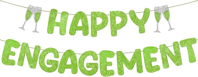 Breling Pre Strung Happy Engagement Banner Glitter Engagement Party Decorations for Congratulations Engaged Wedding Shower Signs Decor(Light Green)