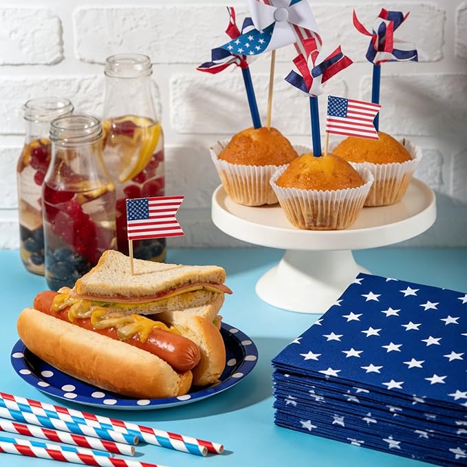 50 Count American Flag Paper Napkins – 25 Red & White Stripe and 25 Blue with Stars Design, Disposable Beverage Cocktail Napkins for 4th of July, Memorial Day, Patriotic Parties, and Table Decorations