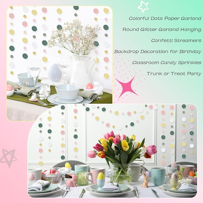 Outus 5 Pieces Colorful Dots Paper Garland Easter Decor Round Glitter Hanging Confetti Streamers Backdrop for Spring Birthday Classroom Halloween Trunk or Treat Car Decoration (Sage Green,Pink,Gold)
