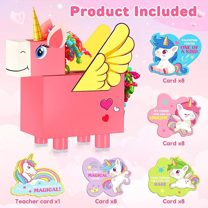 Gloween Valentines Day Boxes and Cards for Kids Classroom School Exchange, Great Valentines Gifts Party Favors for Boys Girls (1 Unicorn Box, 32 Valentine Cards, 1 Teacher Card)