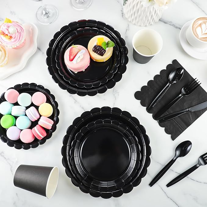 175 Pcs Black Plates and Napkins 25 Guest Black Party Supplies Includes Scalloped Party Plate Napkins Cups Plastic Cutlery for Birthday, New Year
