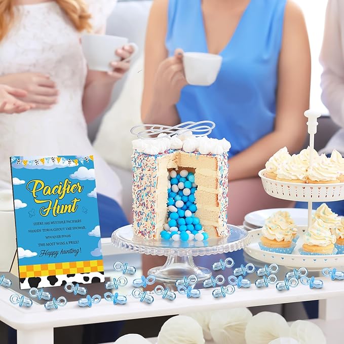 Thyle 51 Pcs Blue Sky Pacifier Hunt Baby Shower Games Boy Story Decorations Include Hunt Sign and 50 Acrylic Pacifiers for Baby Shower Game Decoration Gift Sets Gender Reveal Party Decor