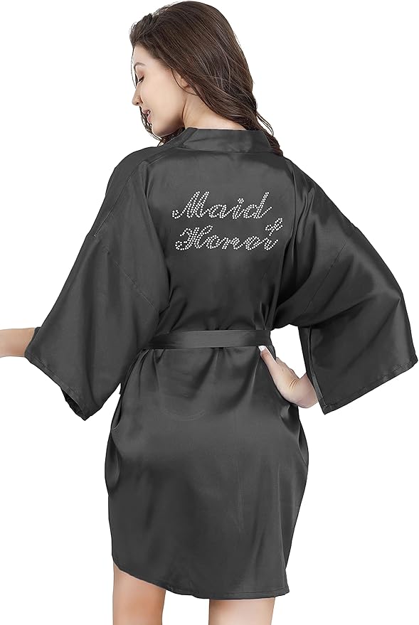 EPLAZA Women's One Size Silver Rhinestones Bride Bridesmaid Short Satin Robes for Wedding Party Getting Ready