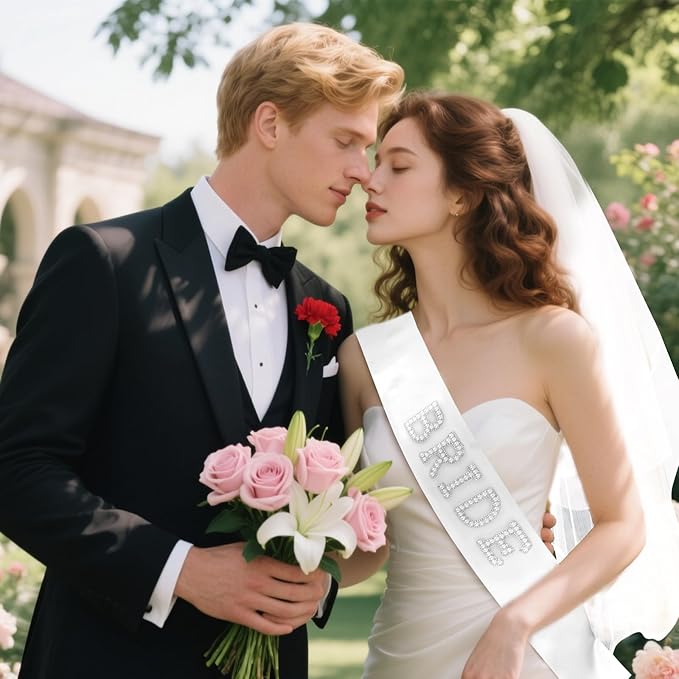 Bride to Be Set: Pearl-Trimmed Heart Sunglasses, Pearl BRIDE Sash & Tulle Veil - Bachelorette Party Bridal Accessories