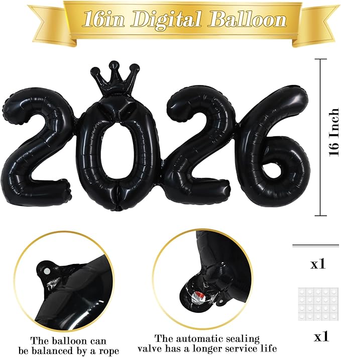 TONIFUL 2026 Black Crown Foil Number Balloons 16 Inch Black Number Banner 2026 Graduation Aluminum Foil Mylar Balloons for New Year Eve Christmas Anniversary Party Supplies