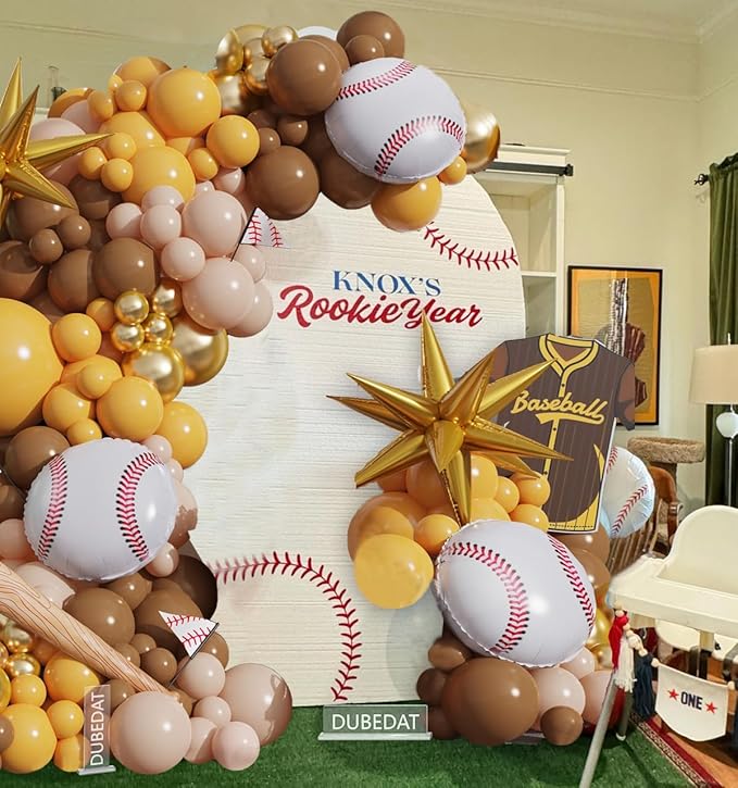 Baseball Balloon Garland Arch Kit - 140pcs Coffee Brown Yellow Gold Nude Balloons with 3D Baseball Bat & Star Balloons for Baseball Party Decorations, Birthday, Sports Theme Party Supplies