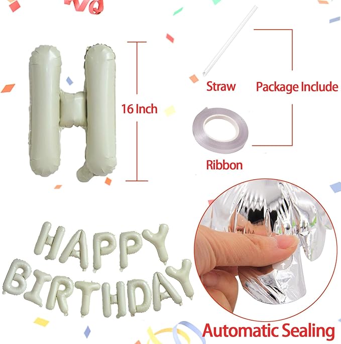 KALOR Cream White Happy Birthday Balloons Banner, 16 Inch Mylar Foil Letters Balloon Sign for Birthday Party Decorations Photo Booth Backdrop
