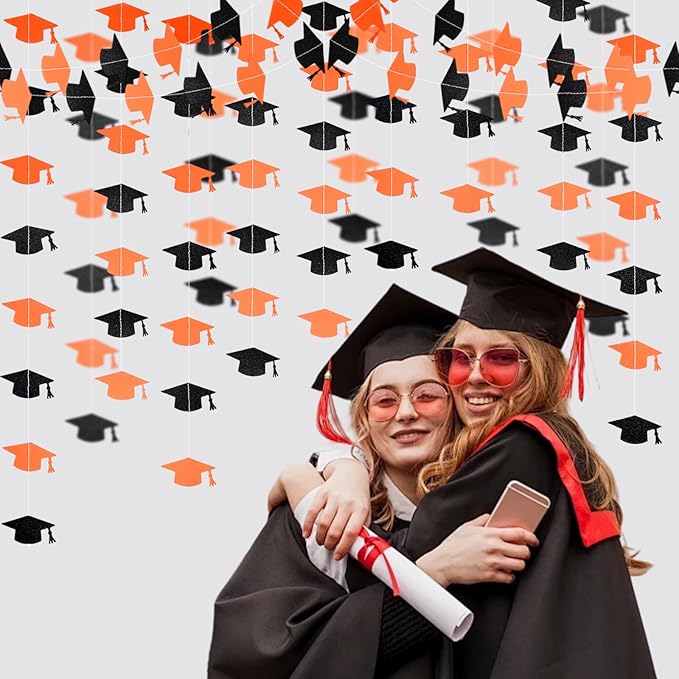 Black and Orange Graduation Garland Graduation Party Decorations Class of 2026 Grad Cap Garland Banner Streamers for Grad Party Hanging Decorations 39Feet