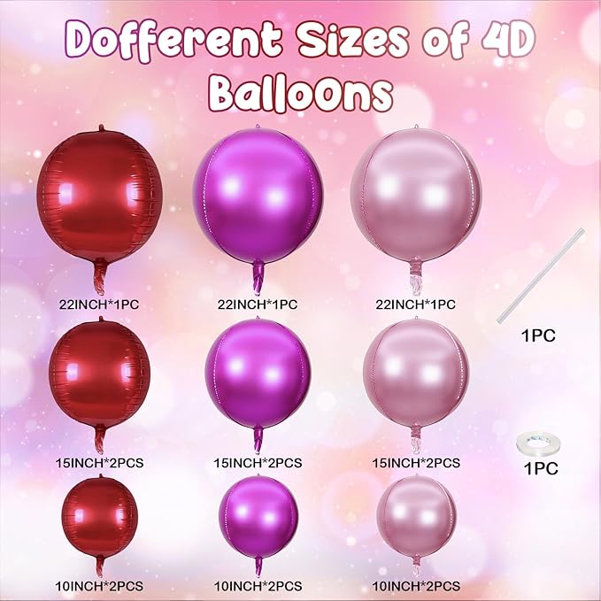 15PCS Red Pink Round Foil Balloons, 22" 15" 10" Large 4D Ball Balloons Red Hot Pearl Pink Mirror Sphere Balloon for Valentines Day Wedding Women Girls Birthday Party Ceiling Decorations
