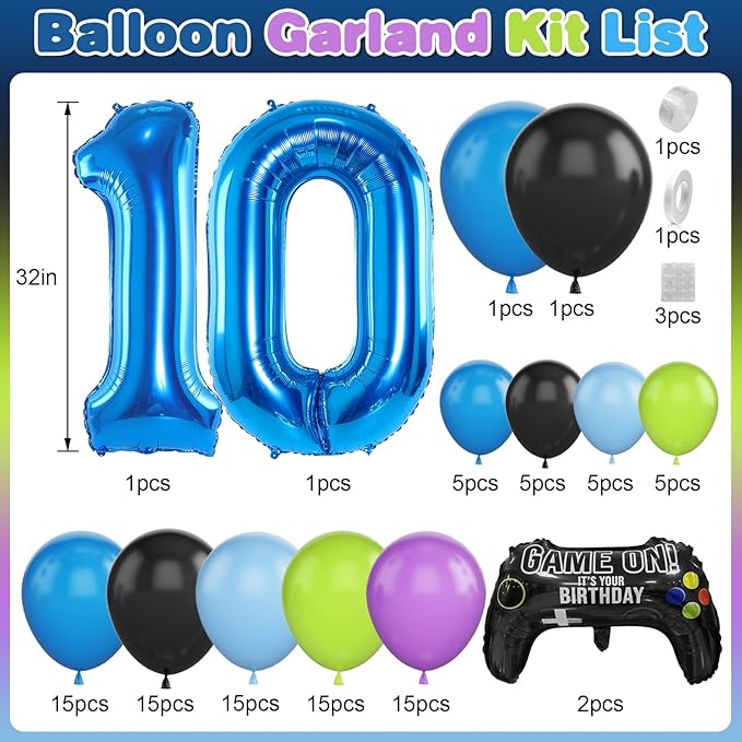 10th Birthday Video Game Balloons Arch, 10th Party Balloons Garland Kit 10th Birthday Supplies with Blue Number 10 Balloon Game Foil Balloons for 10 Year Old Teens Boys Decor