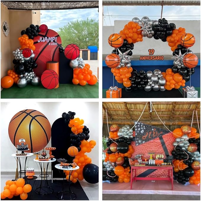 Basketball Balloon Arch Kit, 111pcs Orange and Black Silver Balloons Garland Kit with Explosion Star Balloons, Sports Balloon Kit for Boys Birthday Baby Shower Sports Theme Decorations Supplies