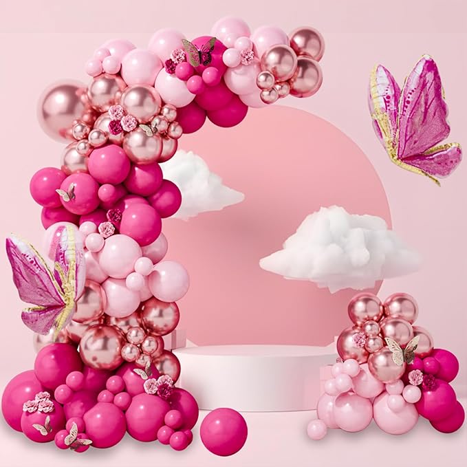 Pink Butterfly Balloon Arch Garland Kit 112pcs Pastel Pink Rose Gold Balloons with 2pcs Butterfly Foil Balloons for Birthday Party Decorations Baby Shower Decorations for Girls