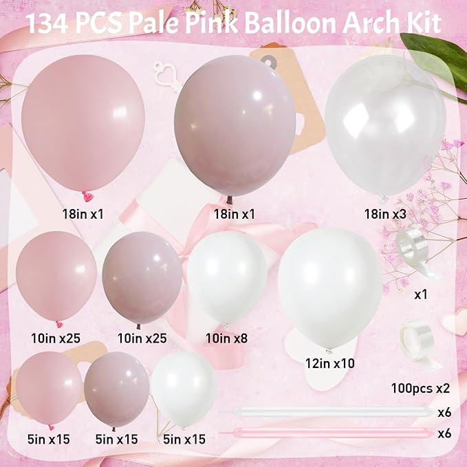 Pastel Pink and White Coquette Balloons Arch, 134 PCS Light Baby Dusty Pale Pink Bow Balloon Garland mit 18 Inch Clear Balloons *5, Long Balloon as Bow Decor for Girls Just Want To Be One Birthday