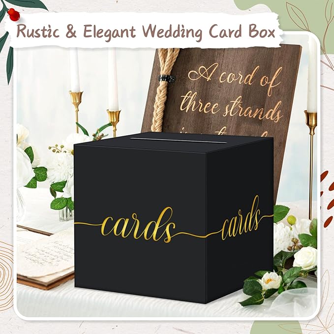 QIKSION Black Graduation Card Box, Gold Foil Gift Card Box for Party Decorations, Wedding Reception, Birthday, Baby & Bridal Shower, Anniversary, Retirement