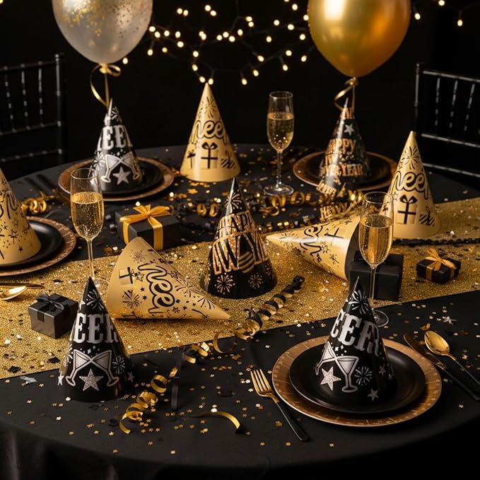Jenaai 96 Pcs New Year Eve Party Supplies 2026 Happy New Year Eve Party Favors Include Paper Glasses Cone Hats Black Silver Gold Headbands Blowers Noisemakers for Holiday Decors Photo Prop Accessories