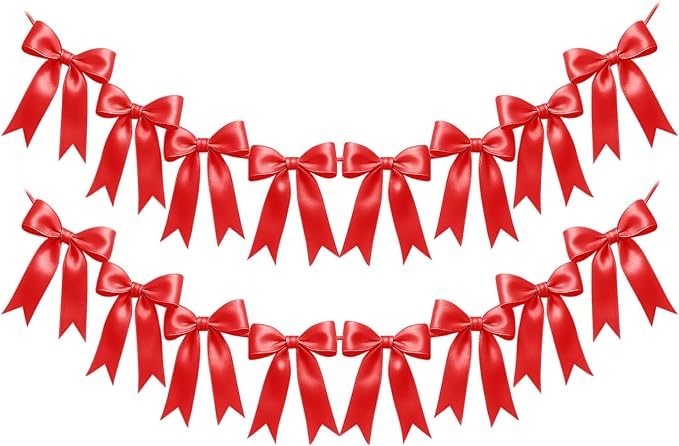 2 Strings of 16PCS Red Bow Garlands Banner Decoration,Pre-Strung Satin Ribbon Ornaments for Birthday,Bachelorette Party, Bridal Shower,Wedding,Engagement, Baby Shower,Graduation Decor,Valentine's Day