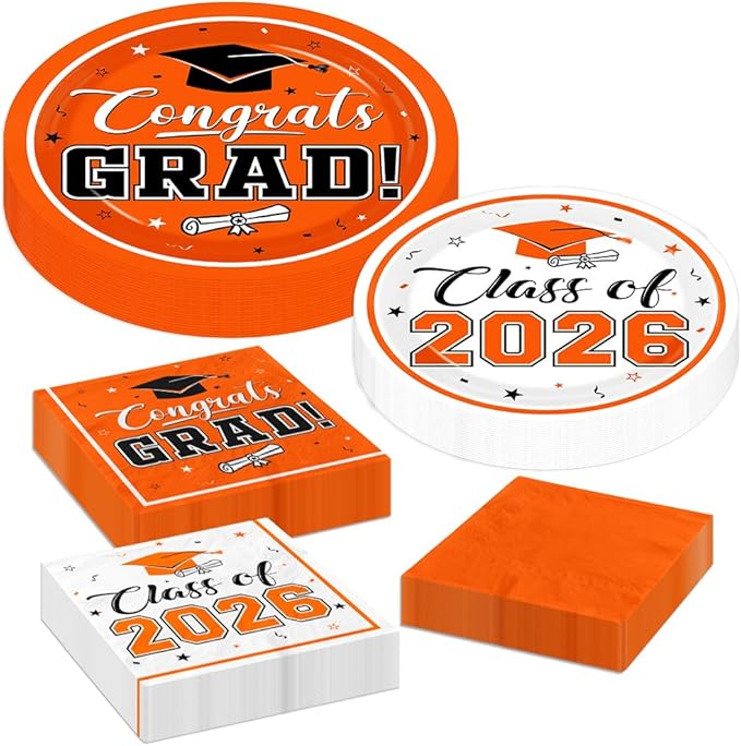 Graduation Party Plates and Napkins Orange Class of 2026 Grad Congrats Party Supplies Disposable Dessert Paper Plates Cocktail Napkins forGraduation Party Decorations,Serve 50