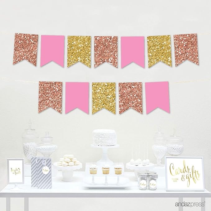 Andaz Press Hanging Pennant Banner with String, Faux Rose Gold Glitter, Peach, Faux Gold Glitter, 1-Set, 24 Pennants, Approx. 12-Feet Long, Girl's 1st Birthday Baptism Communion Theme Colored Supplies