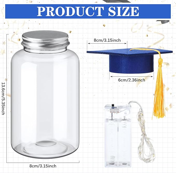 Boao 16 Sets Graduation Table Decoration Set with LED Light up Graduation Decorations for Class of 2026, Grad Jar, Felt Grad Hat and Stickers for High School College(Blue,Vivid)