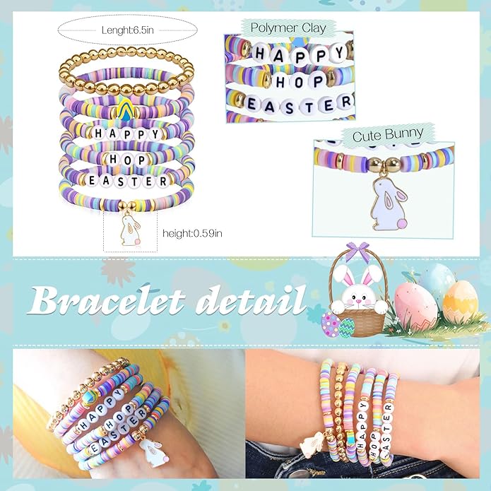 Easter Basket Stuffers for Women Happy Hoop Easter Bunny Bracelet Clay Bead Stackable Stretch Bracelet Cute Spring Jewelry Accessories Party Favors