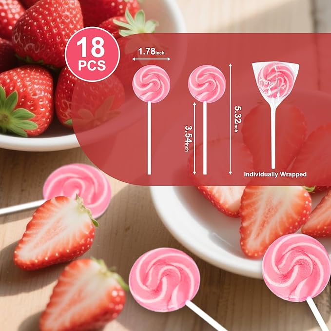 Pink Swirl Lollipops Individually Wrapped Bulk, Valentine’s Candy Lollipops, Baby Shower Lollipop, Pink Suckers for Kid's Birthday Party Favors and Candy Buffet, Strawberry Flavor 18 Pack