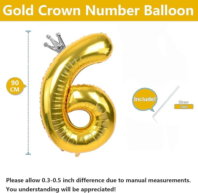Gold Number 6 Balloon with Crown, 40 inch Gold Number Balloon 6th Birthday Party Decoration Gold Crown Balloons 0-9 for Birthday Party Anniversary Decorations Supplies