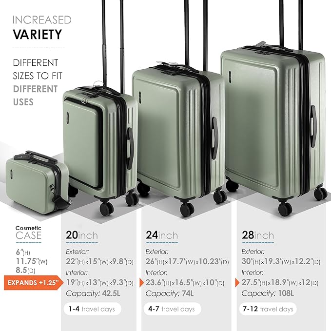 TRAVELARIM Hard Shell Luggage Sets with Spinner Wheels 4 Piece, Expandable Large Suitcases with TSA Lock, Travel Large Suitcase Set, Sage Green Luggage Set