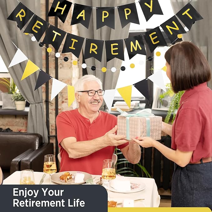 Happy Retirement Banner Assembled GAGAKU Black and Gold Retirement Party Decorations Supplies Kit Gold Glitter Paper Pennant Banner for Men Women Office Farewell Party