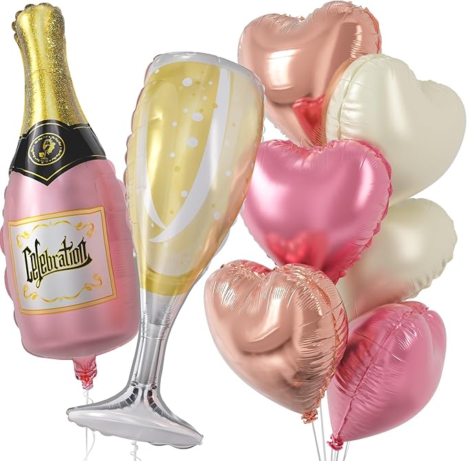 Champagne Balloons, Bachelorette Party Balloons with Champagne Bottle Glass Foil Balloon Rose Gold Pearl Pink Cream Heart Balloon for Engagement Birthday Bridal Shower Wedding Anniversary Decorations