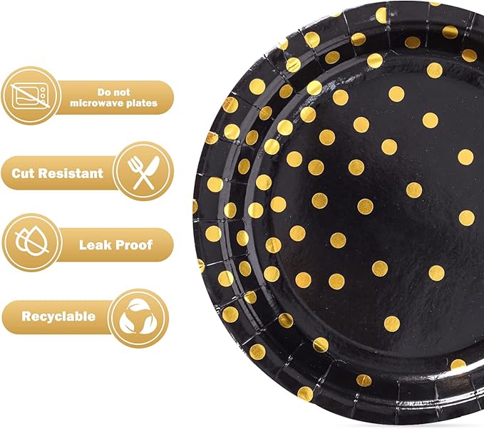 Black Gold Paper Plates 100PCS,7inch Black and Gold Dots Dessert Plates,Disposable Round Party Supplies Great for Birthday,Graduation,Retirement,Father's Day